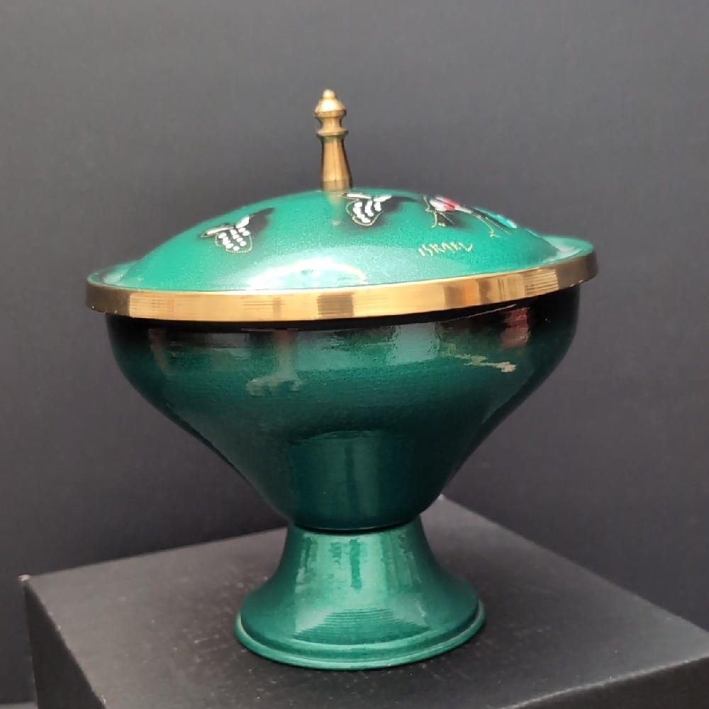 VGT, Sabra Israeli Brass And Green Enamel Covered Footed Bowl With Lid.